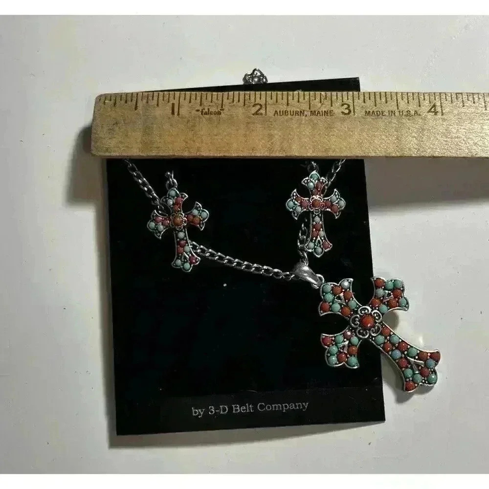 NWT Silver Strike 3-D Belt Company Turquoise Cross Earrings And Necklace Set - Picture 7 of 7